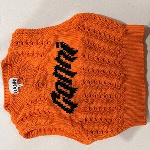 Ganni Orange Cable Knit Vest with Black Script Logo